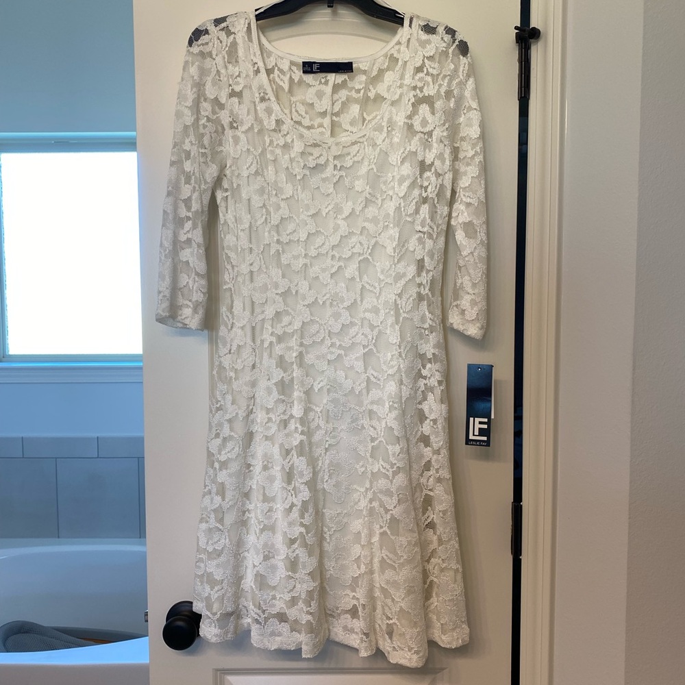 Leslie Fay Ivory Lace Dress with 3/4 Sleeves